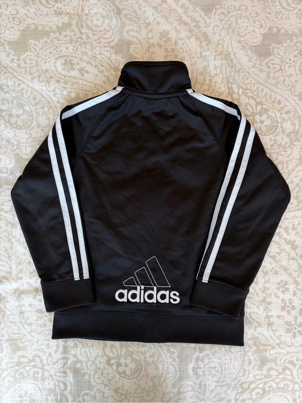Size 5T adidas Black Kids Zip-Up Track Jacket with White Stripes
